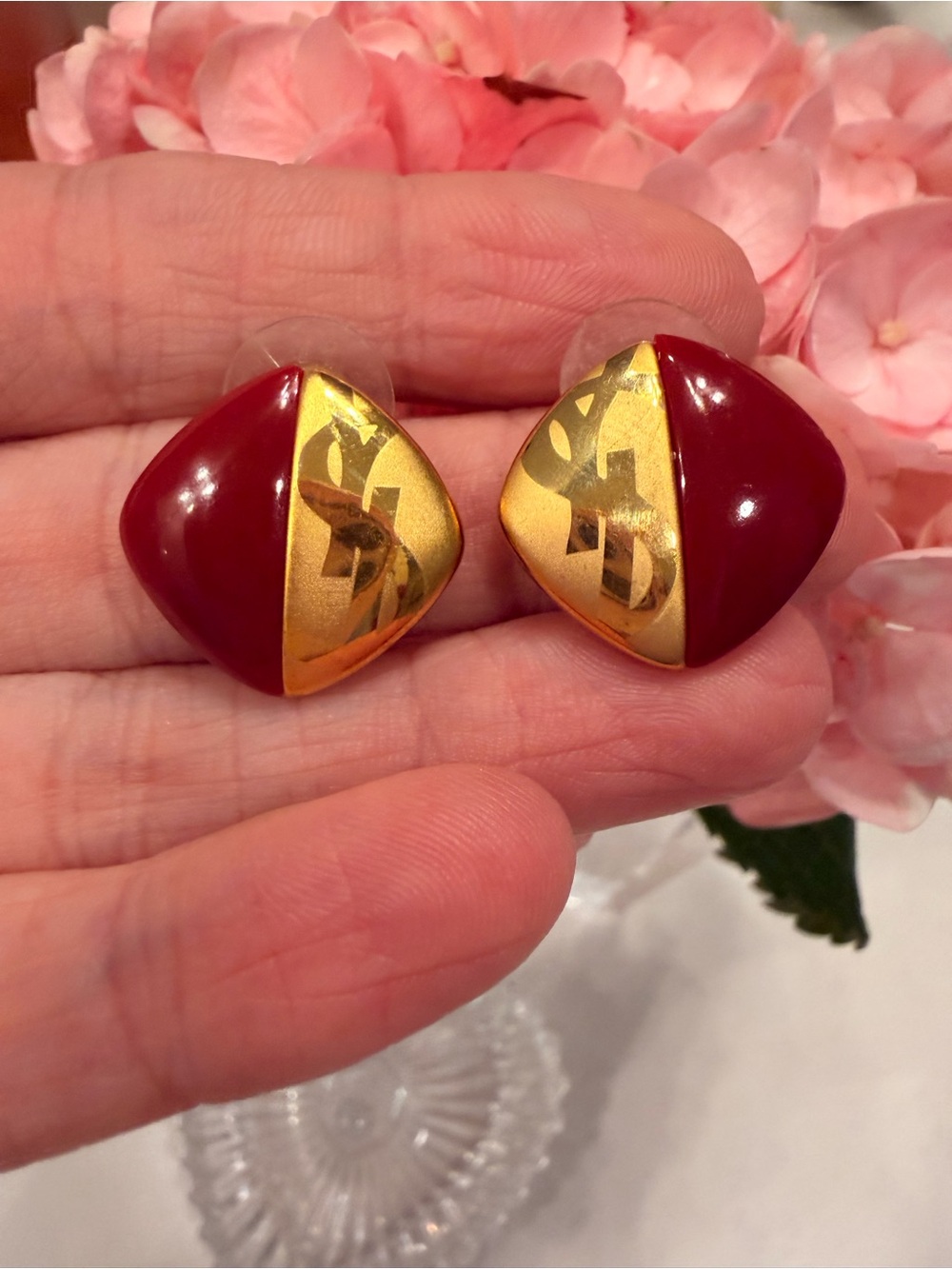 Gold-Tone and Deep Red Enamel Clip Earrings